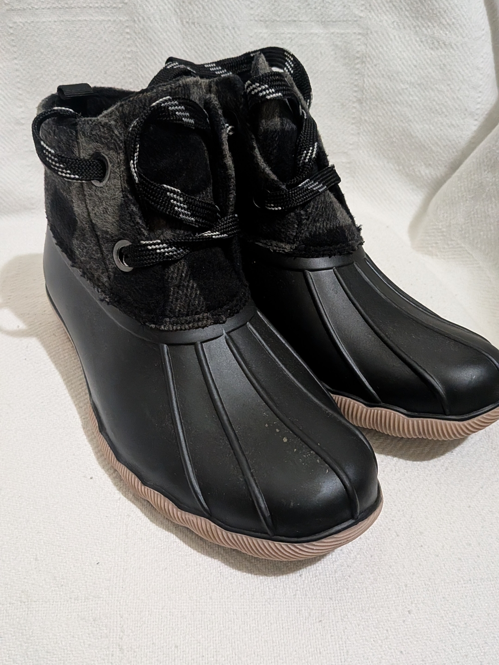 Maurices Black Duck Boots with Plaid Cuff and Tan Sole